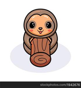 Cute baby sloth cartoon with stump tree