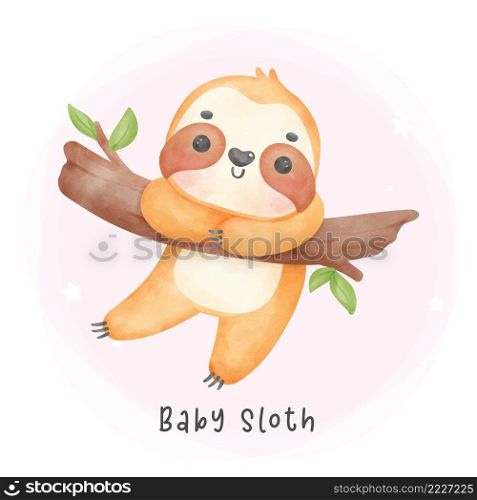 Cute Baby sloth hanging on tree branch cartoon watercolor nursery Illustration