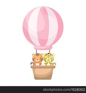 Cute baby tiger and jaguar in the hot air balloon. Graphic element for childrens book, album, scrapbook, postcard, invitation, mobile game. Flat vector stock illustration isolated on white background.