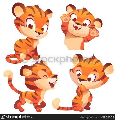 Cute baby tiger, cartoon animal cub character, kawaii mascot roar, think, playing, smile and waving paws. Wild funny kitten with orange striped skin, jungle cat isolated on white background vector set. Cute baby tiger cartoon animal cub, kawaii mascot