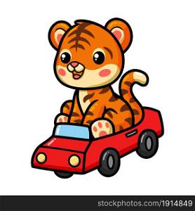 Cute baby tiger cartoon driving red car