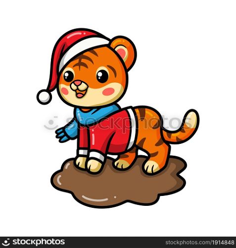 Cute baby tiger cartoon wearing santa hat