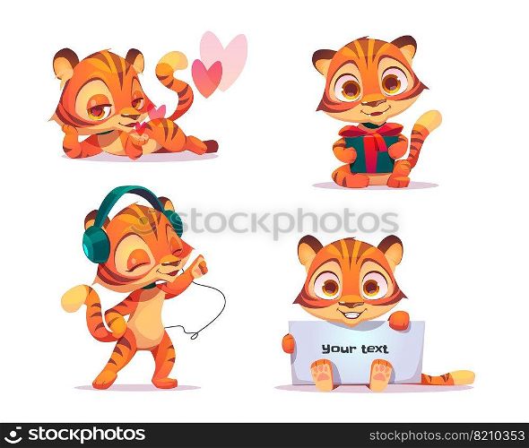 Cute baby tiger character in different poses. Vector set of cartoon chat bot, funny kitten flirts, listen music in headphones, holding gift box and white banner. Creative emoji set, animal mascot. Vector set of cute baby tiger character