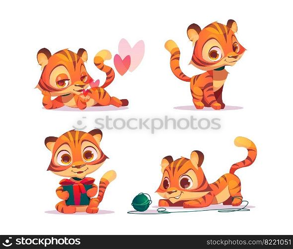 Cute baby tiger character in different poses. Vector set of cartoon chat bot, funny kitten flirts, holding gift box and plays with clew. Creative emoji set, animal mascot. Cute baby tiger character in different poses