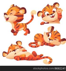 Cute baby tiger character in different poses. Vector set of cartoon funny kitten sleep, walking, greeting and peeking. Creative emoji set, animal mascot isolated on white background. Cute baby tiger character sleep and peep