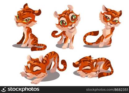 Cute baby tiger character with different emotions isolated on white background. Vector set of cartoon funny kitten flirts, smile, sleep, angry and stretches. Creative emoji set, animal mascot. Cute baby tiger character with different emotions