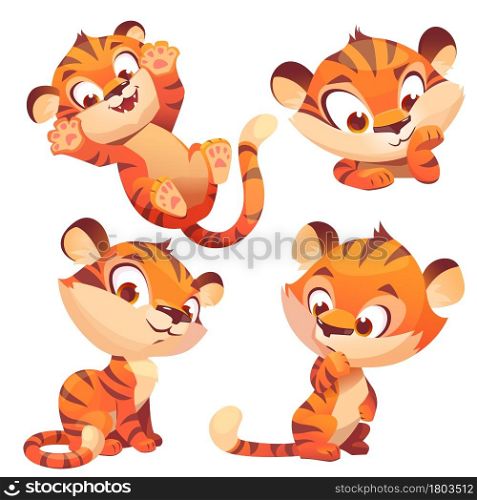 Cute baby tiger character with different emotions. Vector set of cartoon funny kitten plays, thinks and smiling. Creative emoji set, animal mascot isolated on white background. Cute baby tiger character play and think