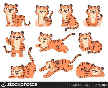 Cute baby tigers. Cartoon jungle animal for kids design. Tiger poses in sleep, sit, play and roar. 2022 new year symbol character vector set. Illustration tiger animal, cat jungle, wild mammal mascot. Cute baby tigers. Cartoon jungle animal for kids design. Tiger poses in sleep, sit, play and roar. 2022 new year symbol character vector set