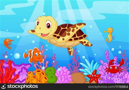 Cute baby turtle cartoon with collection fish