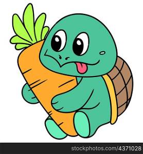 cute baby turtle hugging big carrot wants to eat it