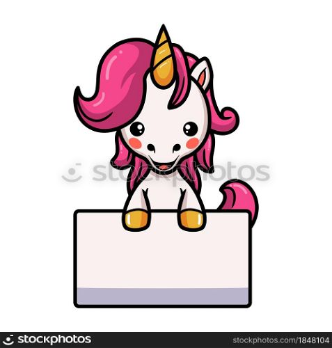 Cute baby unicorn cartoon with blank sign