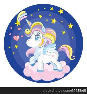 Cute baby unicorn character on cloud at night. Vector illustration isolated on white background. Birthday, party concept. For sticker, embroidery, design, decoration, print, t-shirt, dishes, packaging. Vector baby unicorn character standing on cloud at night