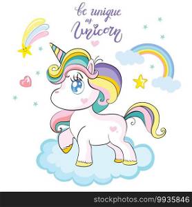 Cute baby unicorn character standing on cloud. Vector illustration isolated on white background. Birthday, party concept. For sticker, embroidery, design, decoration, print, t-shirt, dishes, packaging. Vector cute baby unicorn character standing on cloud