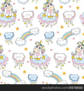 Cute baby unicorn with rainbow and clouds isolated on white background. Vector seamless pattern. Illustration for party, print, baby shower, wallpaper, design, decor,design cushion, linen, dishes.. Seamless vector pattern cute baby unicorn white