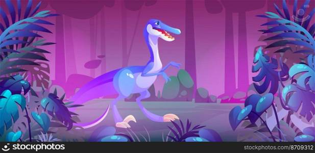 Cute baby velociraptor in jungle at night. Dinosaur character in prehistoric forest. Vector cartoon illustration of dark rainforest landscape with funny dino, tropical plants and trees. Cute baby velociraptor in jungle at night
