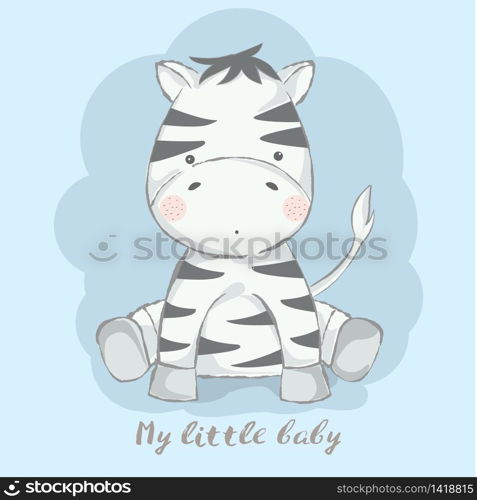 cute baby zebra cartoon for t-shirt, print, product, flyer ,patch, fabric, textile,tile,card, greeting fashion,baby, kid, shower, powder,soap, hand drawn style. vector illustration