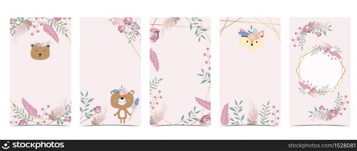 Cute background for social media.Set of instagram story with bear,boho,flower,feather