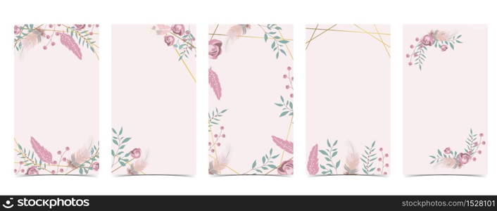 Cute background for social media.Set of instagram story with flower,feather,boho
