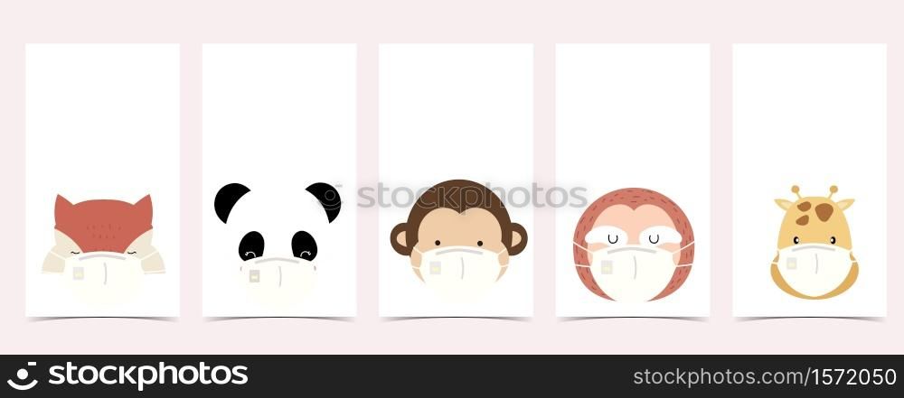 Cute background for social media.Set of instagram story with fox,panda,monkey,sloth,giraffe are wearing mask