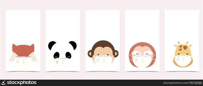 Cute background for social media.Set of instagram story with fox,panda,monkey,sloth,giraffe are wearing mask