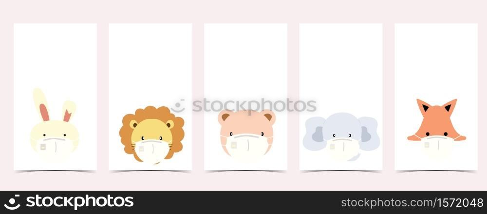 Cute background for social media.Set of instagram story with rabbit,lion,bear,elephant,fox are wearing mask