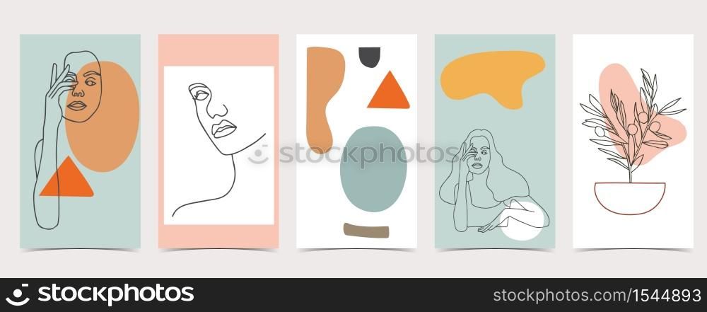 Cute background for social media.Set of instagram story with woman,colorful shape