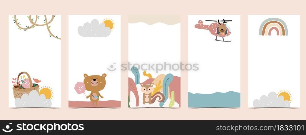 Cute background for social media.Set of story with rainbow,bear,tree
