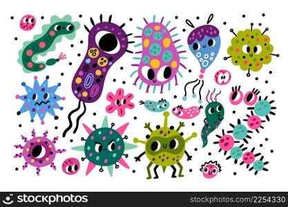 Cute bacteria characters. Funny cartoon germs, color viruses and microbes, different shapes, harmful and useful parasitic organisms. Biology and chemistry sciences vector doodle style isolated set. Cute bacteria characters. Funny cartoon germs, color viruses and microbes, different shapes, harmful and useful parasitic organisms. Biology and chemistry sciences vector isolated set