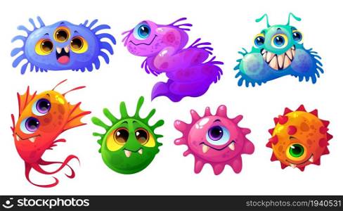 Cute bacteria, germ and virus characters isolated on white background. Vector cartoon set of funny bacterium, microorganism and biology cell with flagella and faces. Cute bacteria, germ and virus characters