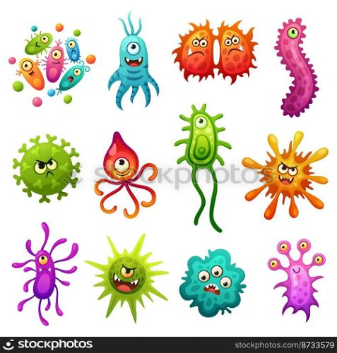 Cute bacterias. Bacteria character, cartoon germs. Colorful cell and microbe, health icons. Funny monsters and garish vector viruses with emotional faces. Illustration of illness bacteria and virus. Cute bacterias. Bacteria character, cartoon germs. Colorful cell and microbe, health icons. Funny monsters and garish vector viruses with emotional faces