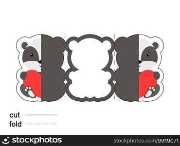 Cute badger hold heart. Fold long greeting card template. Great for St. Valentine day, birthdays, baby showers. Printable color scheme. Print, cut out, fold. Colorful vector stock illustration.