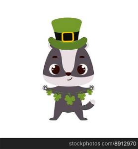 Cute badger in green leprechaun hat with clover. Irish holiday folklore theme. Cartoon design for cards, decor, shirt, invitation. Vector stock illustration.
