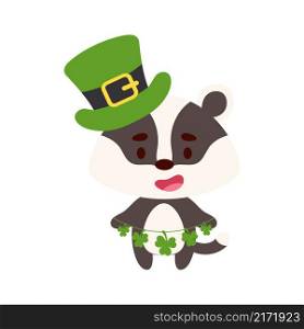 Cute badger in St. Patrick&rsquo;s Day leprechaun hat holds shamrocks. Irish holiday folklore theme. Cartoon design for cards, decor, shirt, invitation. Vector stock illustration.