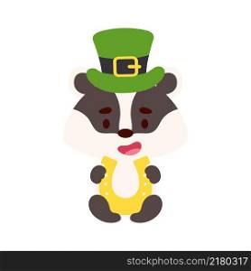 Cute badger St. Patrick&rsquo;s Day leprechaun hat holds horseshoe. Irish holiday folklore theme. Cartoon design for cards, decor, shirt, invitation. Vector stock illustration.