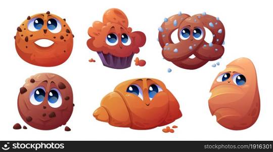 Cute bakery characters, cake, chocolate cookie, bread loaf and croissant. Vector cartoon set of funny sweet pastry food, muffin, donut and pretzel isolated on white background. Cute bakery characters, cake, cookie, bread, donut