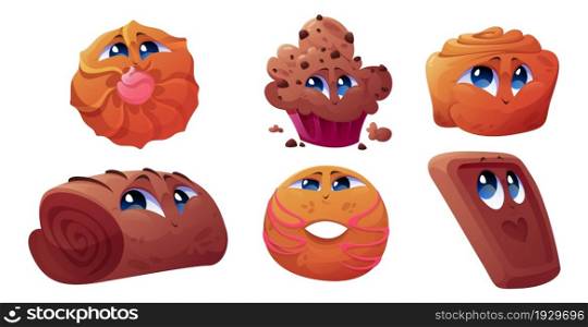 Cute bakery characters, donut, cake, chocolate cookie and roll. Vector cartoon set of funny sweet pastry food, muffin, cinnamon bun and shortbread isolated on white background. Cute bakery characters, cake, cookie, roll, donut