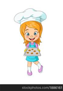 Cute bakery chef girl holding tray with cookies