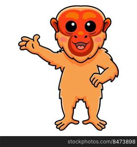 Cute bald uakari monkey cartoon waving hand