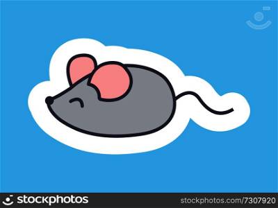 Cute banner with small mouse vector illustration of pretty grey animal with round pink ears and short tail, white framing, isolated on blue background. Cute Banner with Small Mouse Vector Illustration