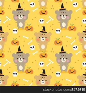 Cute Bear and  Halloween Pumpkins Seamless Pattern