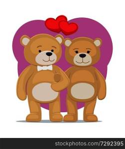 Cute bear animals family, male and female hold paws and wish happy Valentines day, heart shaped balloons behind, vector illustration isolated on white. Cute Bear Animals Family Male and Female Hold Paws