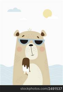 Cute bear at the sea in sunglasses eating ice cream. Vector illustration. Poster with animals for kids collection, postcards, design, print, decoration for bedroom and nursery rooms and greeting cards