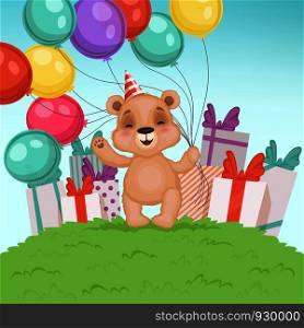 Cute bear background. Funny teddy bear toy for kids sitting or standing birthday or valentine gifts vector character. Illustration of teddy bear with gift box. Cute bear background. Funny teddy bear toy for kids sitting or standing birthday or valentine gifts vector character