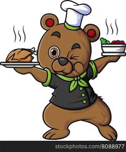 cute bear cartoon character wearing chef clothes and hat carrying a bowl of soup and fried chicken of illustration
