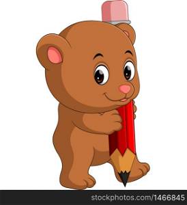 Cute bear cartoon holding pencil