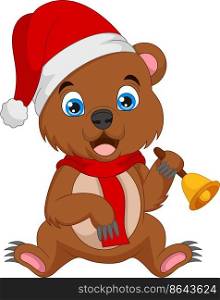 Cute bear cartoon wearing scarf and hat holding a bell