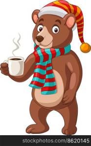 Cute bear cartoon wearing scarf and hat holding hot coffee