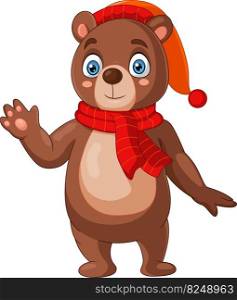 Cute bear cartoon wearing scarf and red hat