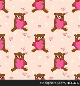 Cute bear hold a pink heart seamless pattern. Lovely animal in Valentine concept.
