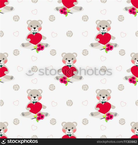 Cute bear hold red heart seamless pattern. Lovely Valentine theme.